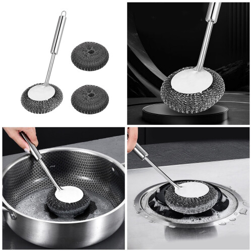 Stainless Steel Scrubber Set Long Handle Scrubbing Brushes for 1