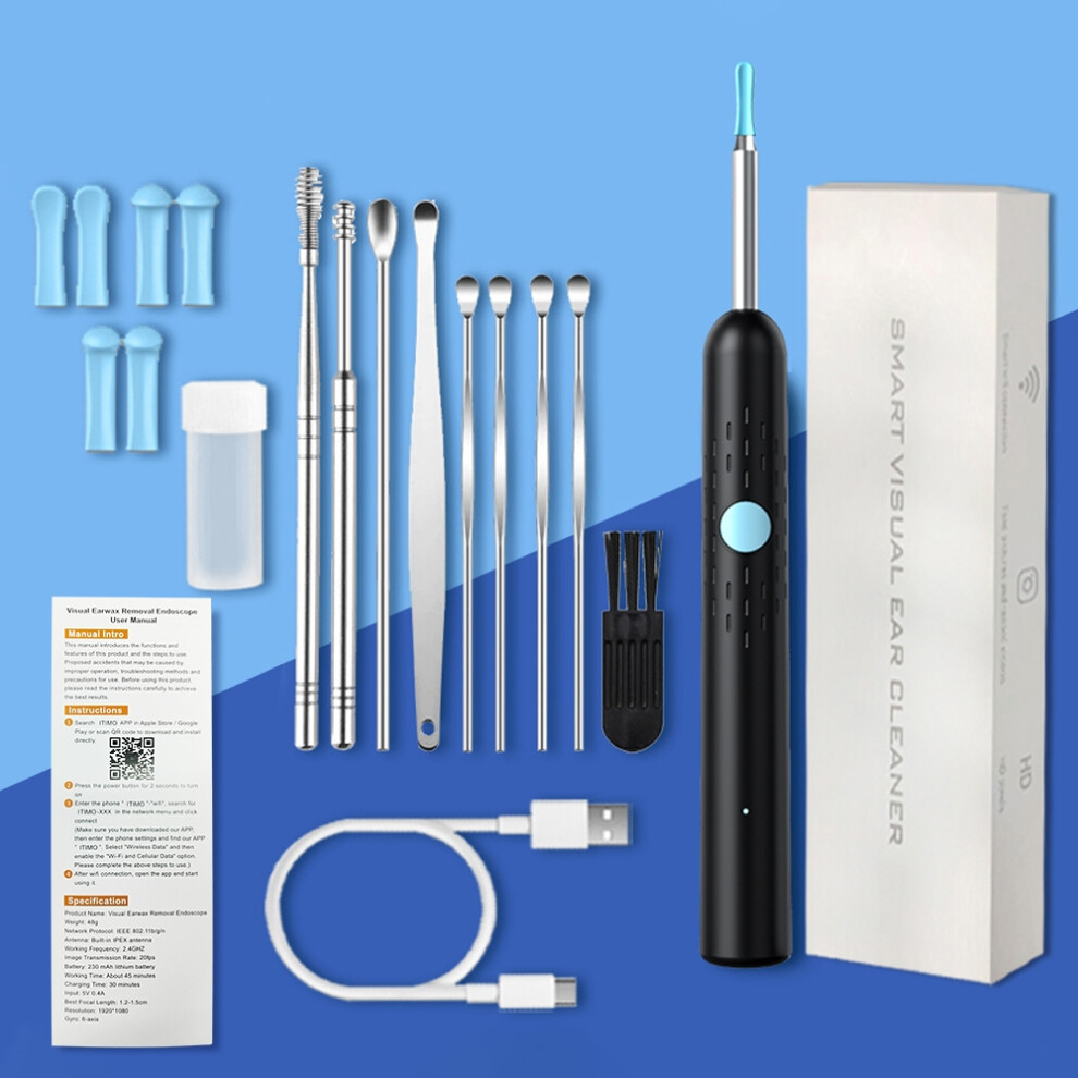 (black) Smart Visual Ear Cleaner with Camera Ear Sticks USB Rechargeable Ear Wax Removal Tool WIFI Connection LED Lights Earpick Kit