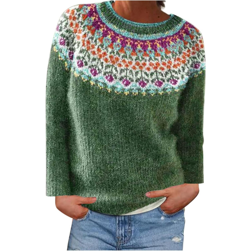(S, 14* Army Green) Ladies Jumpers UK Clearance Women's Sweaters Fall Winter Pullover Sweater Crew Neck Long Sleeve Vintage Knit Tops Holiday Party Ug