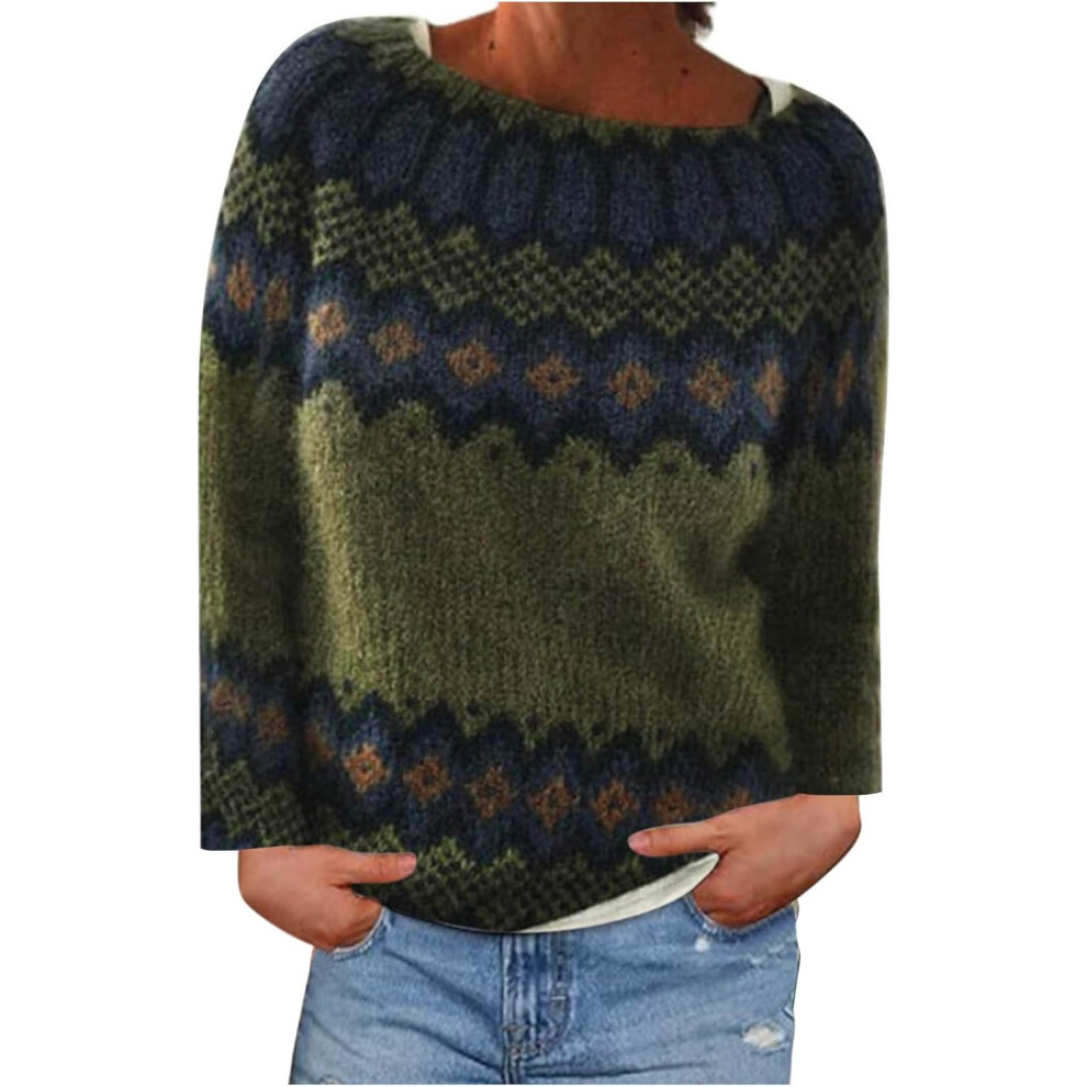 (M, 16* Army Green) Ladies Jumpers UK Clearance Women's Sweaters Fall Winter Pullover Sweater Crew Neck Long Sleeve Vintage Knit Tops Holiday Party Ug