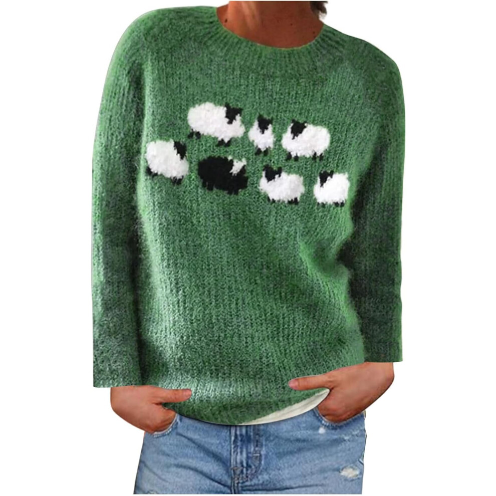 (M, 01* Army Green) Ladies Jumpers UK Clearance Women's Sweaters Fall Winter Pullover Sweater Crew Neck Long Sleeve Vintage Knit Tops Holiday Party Ug