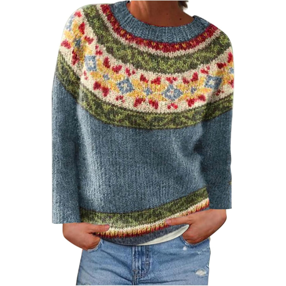 (M, 15* Light Blue) Ladies Jumpers UK Clearance Women's Sweaters Fall Winter Pullover Sweater Crew Neck Long Sleeve Vintage Knit Tops Holiday Party Ug