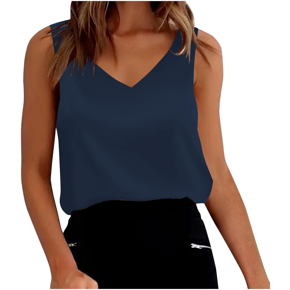 (L, 002 Navy) Vest Tops Women UK Silk Satin Tank Tops V Neck Casual Cami Shirts Elegant Tunic Blouses Ladies Summer Tops Sleeveless Camisole Blouses S