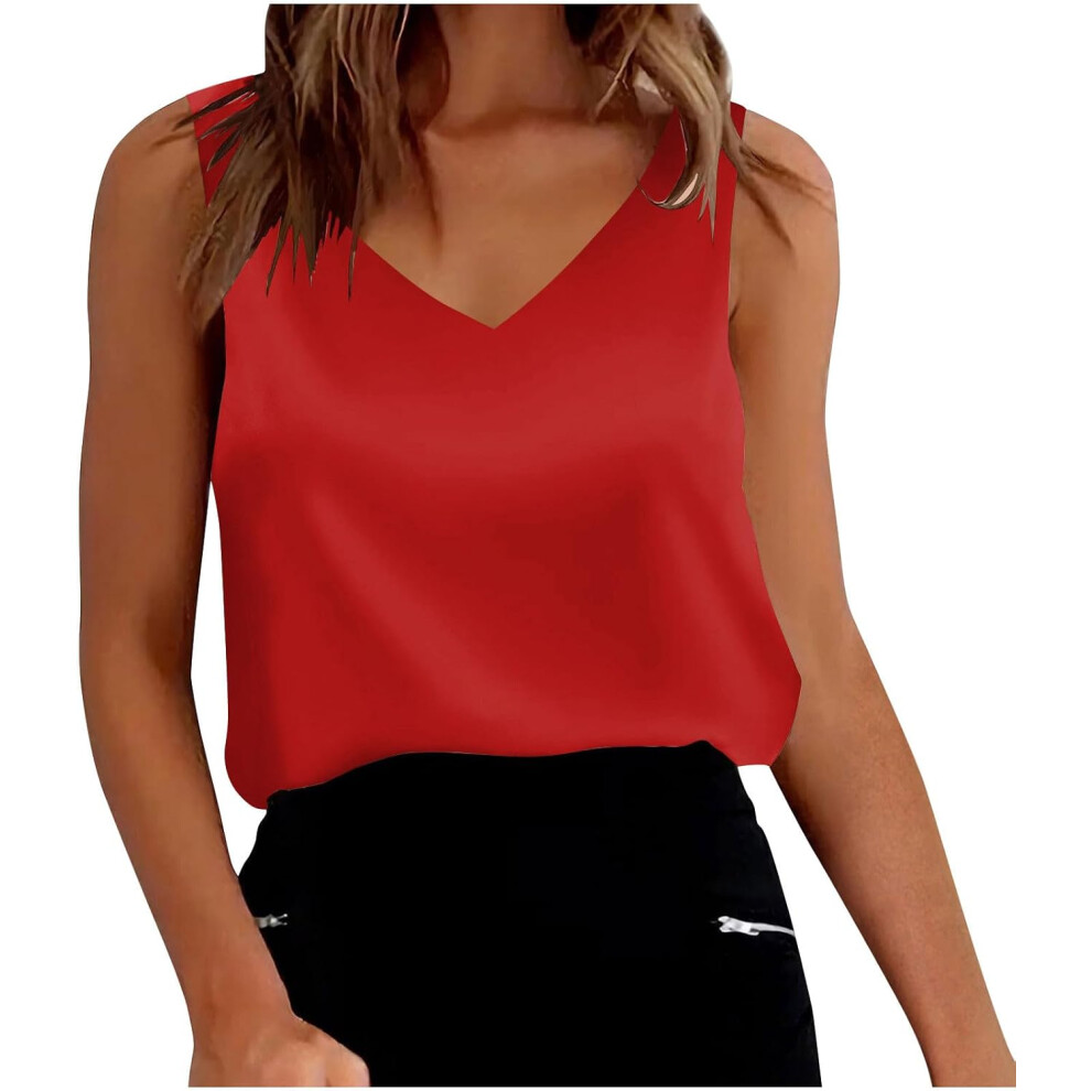 (M, 002 Red) Vest Tops Women UK Silk Satin Tank Tops V Neck Casual Cami Shirts Elegant Tunic Blouses Ladies Summer Tops Sleeveless Camisole Blouses Su