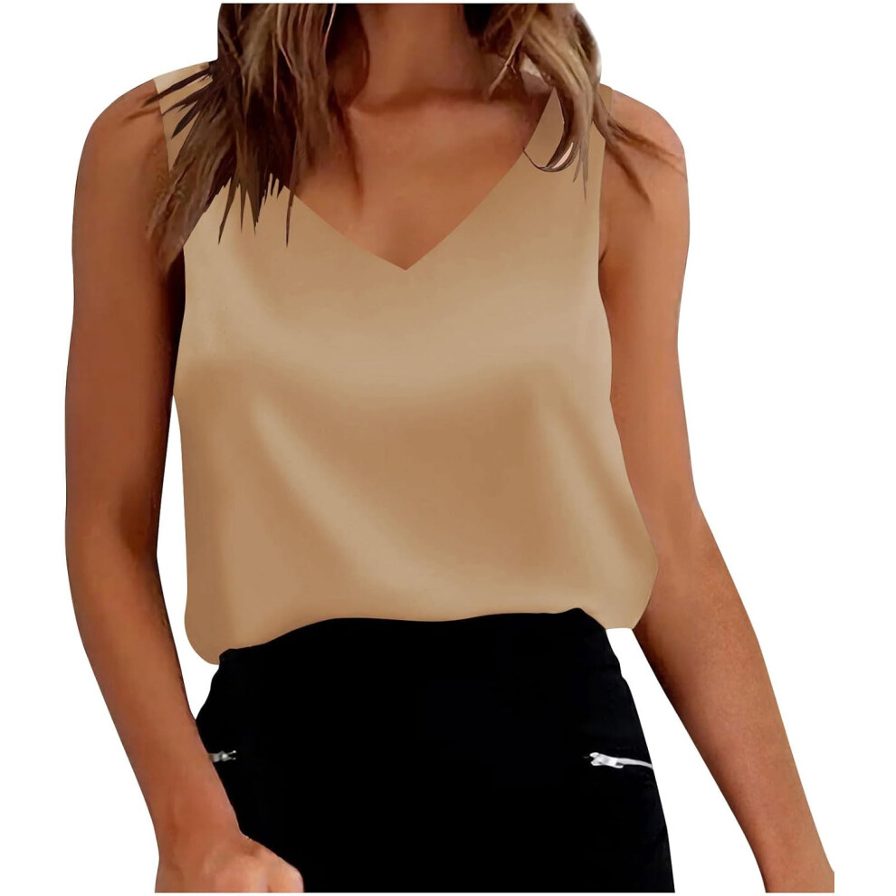(XL, 001 Khaki) Vest Tops Women UK Silk Satin Tank Tops V Neck Casual Cami Shirts Elegant Tunic Blouses Ladies Summer Tops Sleeveless Camisole Blouses