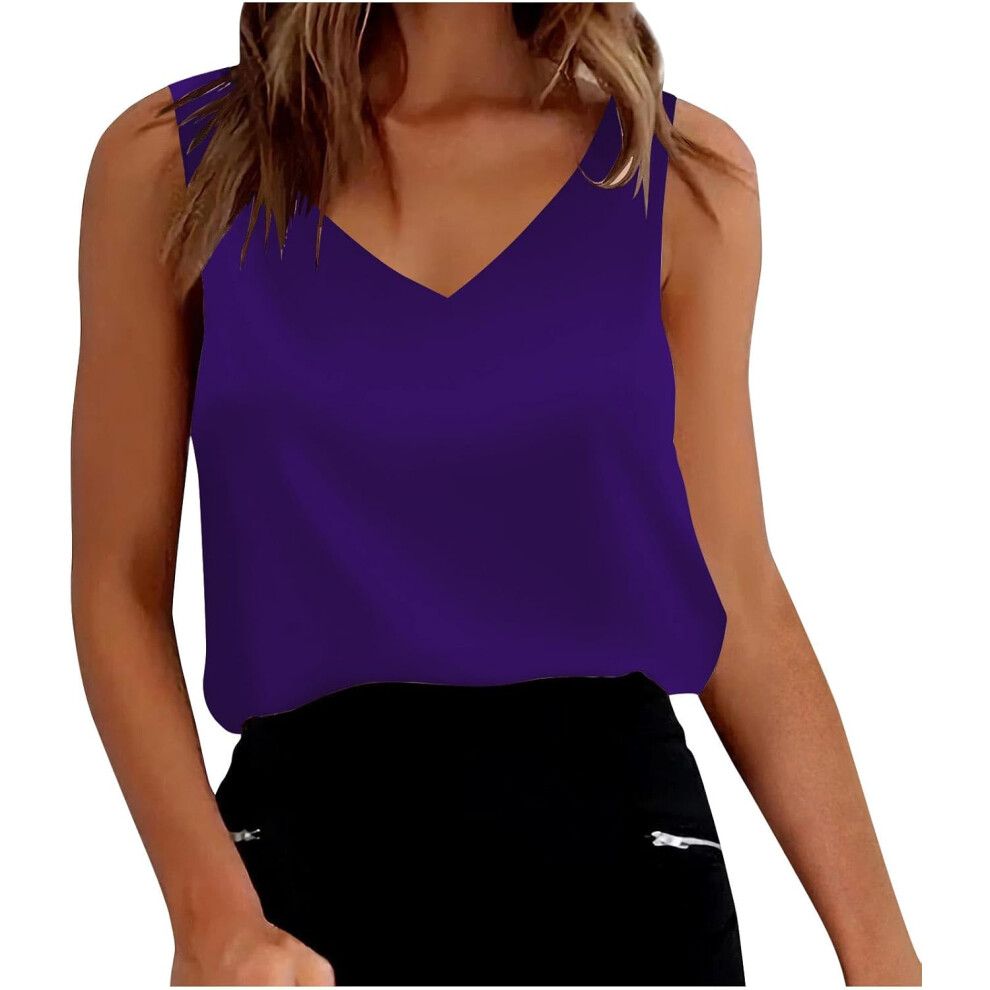 (XXL, 002 Purple) Vest Tops Women UK Silk Satin Tank Tops V Neck Casual Cami Shirts Elegant Tunic Blouses Ladies Summer Tops Sleeveless Camisole Blous