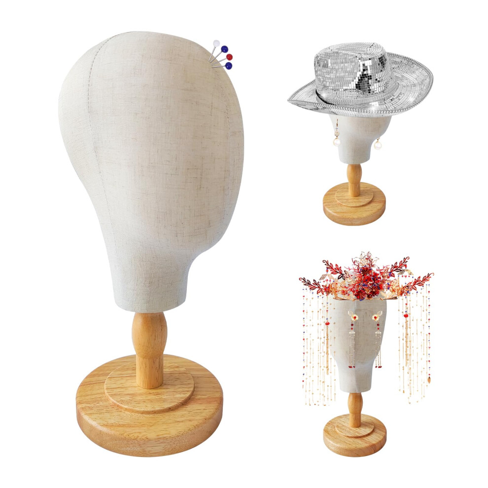 Beige Canvas Wig Head Stand 21 Inch Mannequin Head Block With Detachable Wood Stand For Wig Storage Hat Display And Jewelry Holder