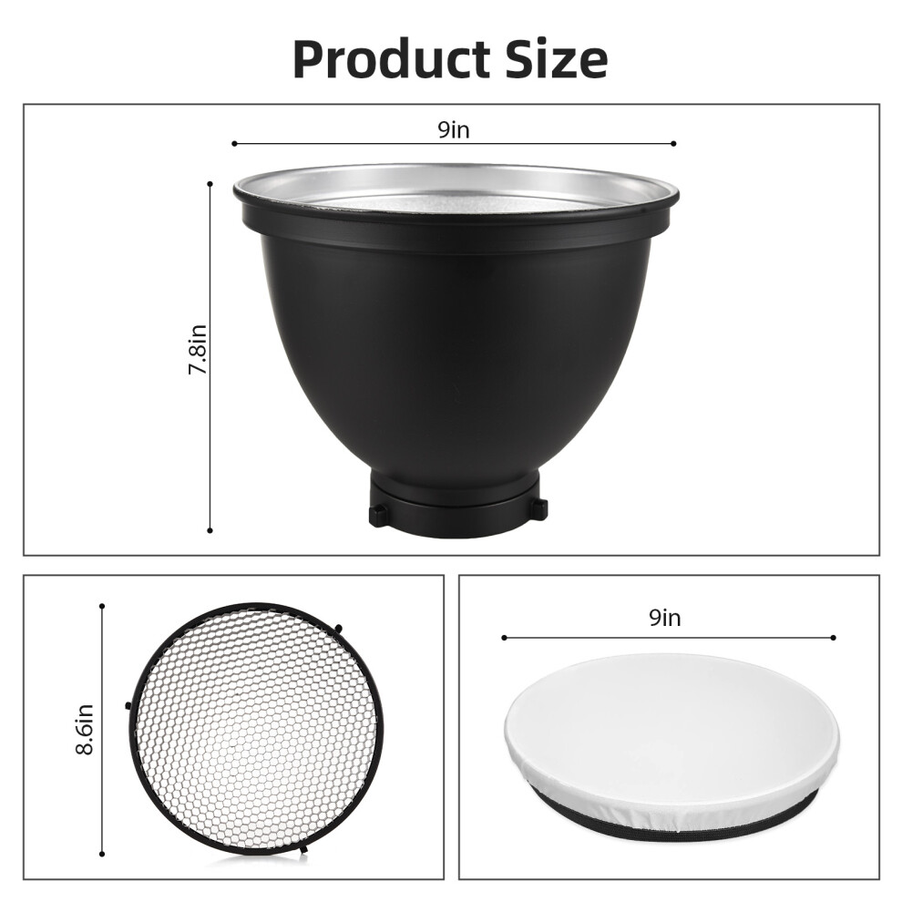 9" Bowens Mount Reflector With Honeycomb Grid & Soft Cloth For Studio Light 8711348311896