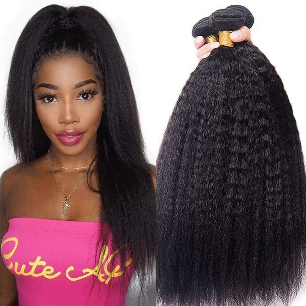 Unisex Yaki Straight Human Hair Bundles 16 18 20 Inch 12A Brazilian Kinky Straight Weave Natural Color 285-300G 3 Bundles Full Head