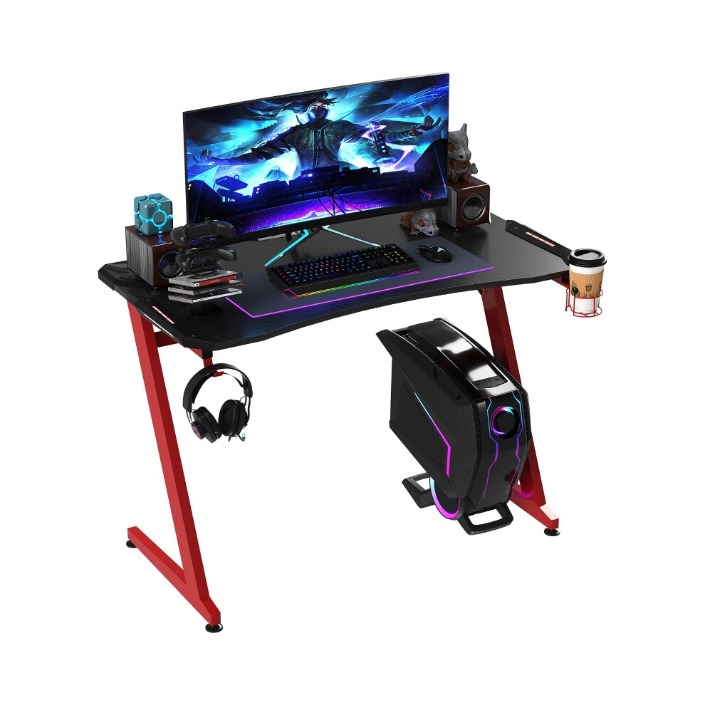 Black and Red Gaming Desk 122x66cm with Carbon Fibre Cover Headphone Hook & Cup Holder for Gamer Setup-image-OPC-PKDQ7TX-NEW