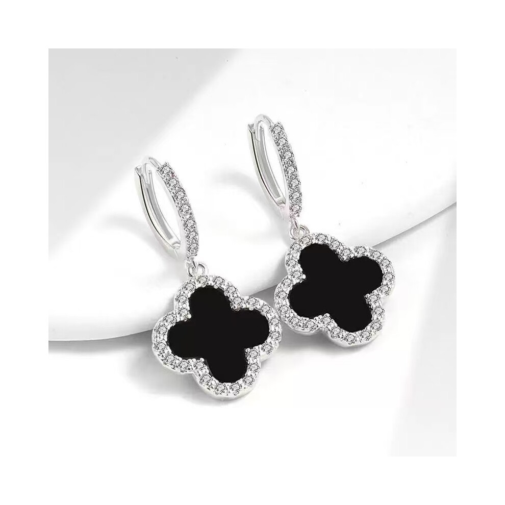 (Silver) Exquisite micro-inlaid earrings with a niche design exude a sense of sophistication. Golden full-diamond four-leaf clover ear buckles