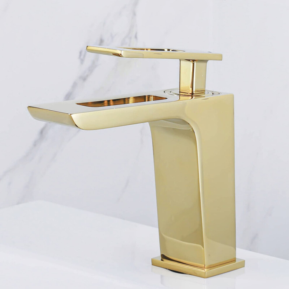 Bathroom Mixer Waterfall Faucet, Brass Construction, Hot And Cold Water, Single Lever, Gold Finish, Basin Sink Mixer 6038364256836