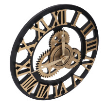 Large 34cm Vintage Wooden Gear Wall Clock, Gold Industrial Home Decor