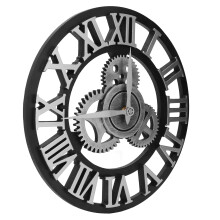 Large 34CM Vintage Wooden Gear Wall Clock, Industrial Silver Decor