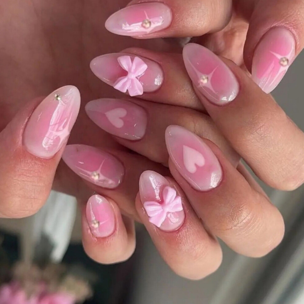 24pcs Short Almond False Nail With 3D Bows French Nail Glossy