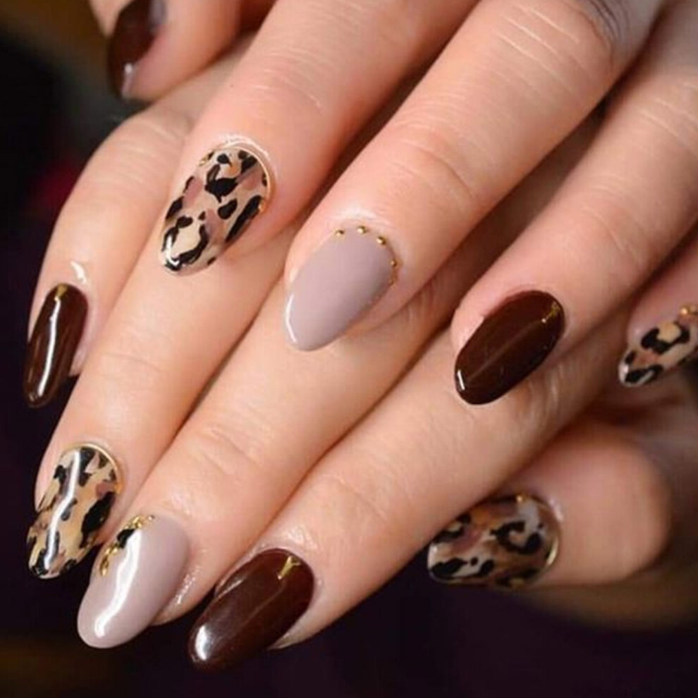 24Pcs Leopard Print Press On Nail Short Almond False Nail Glossy
