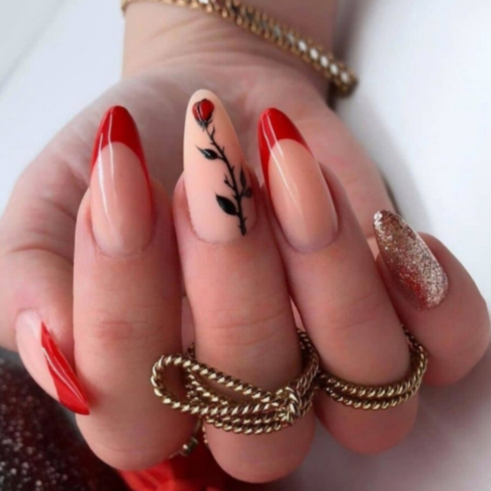 Medium Almond False Nail with Rose Pattern Valentine's Day