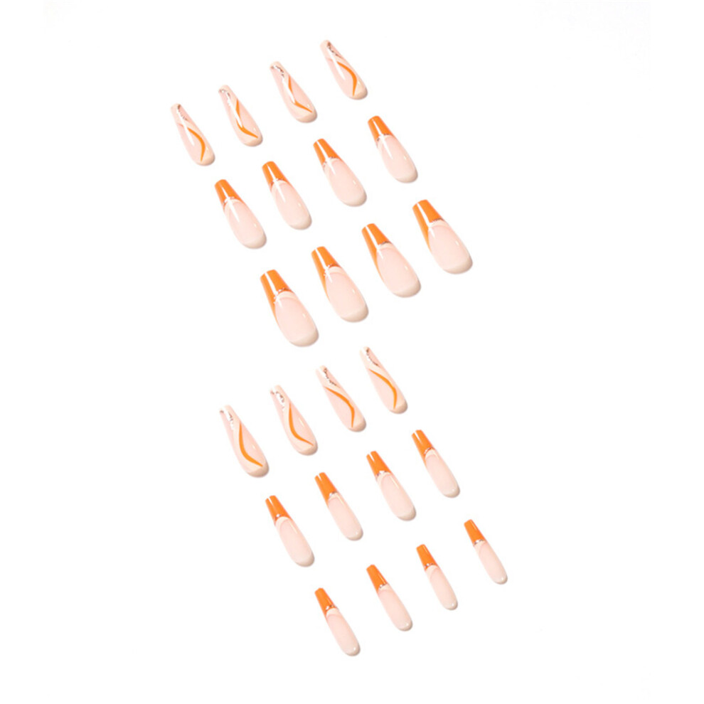 Orange 24X French Tip False Nail Autumn Winter Press On Nail Striped