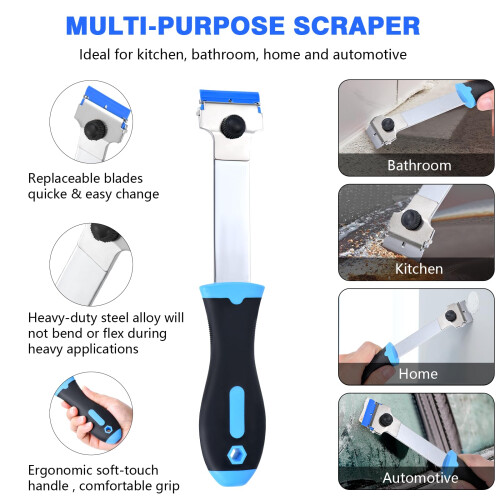 （Long Handle Scraper Tool）Razor Blade Scraper Tool with 10 Pcs Extra Replacement Metal and 10 Pcs Plastic Razor Blades, Long Handle Scrape 2