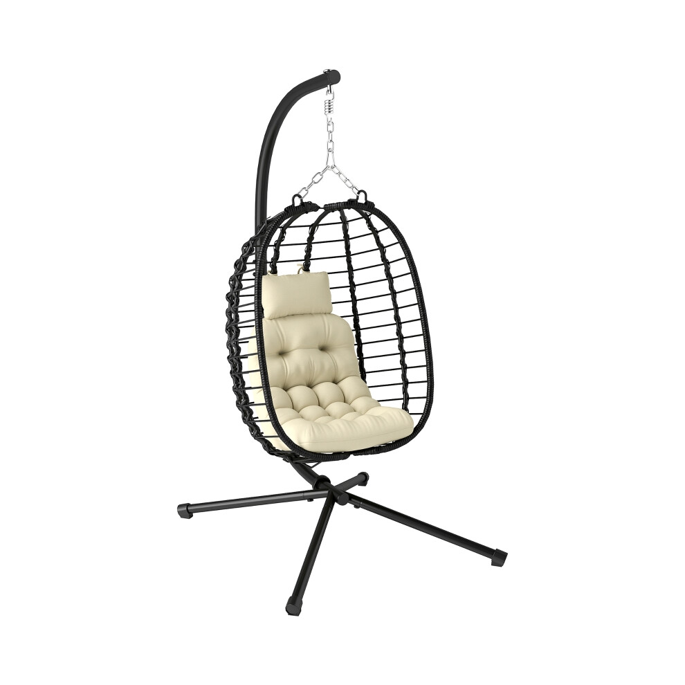 Outdoor Rattan Egg Chair with Stand Foldable Wicker Swing Cushioned Seat Adjustable Height Indoor & Garden Use Cream White-image-OPC-PKDRJV8-NEW
