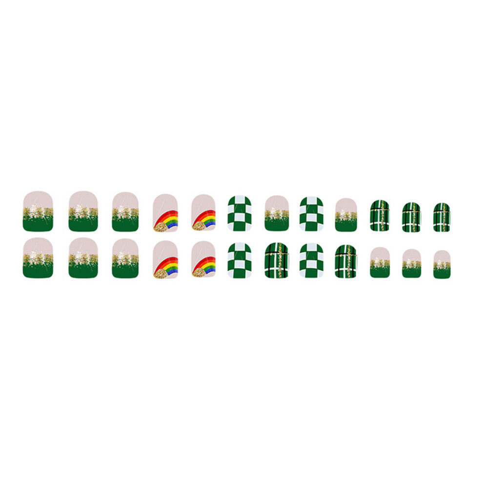 Green 24Pcs Press On Nail Shamrock Short False Nail Celebrating