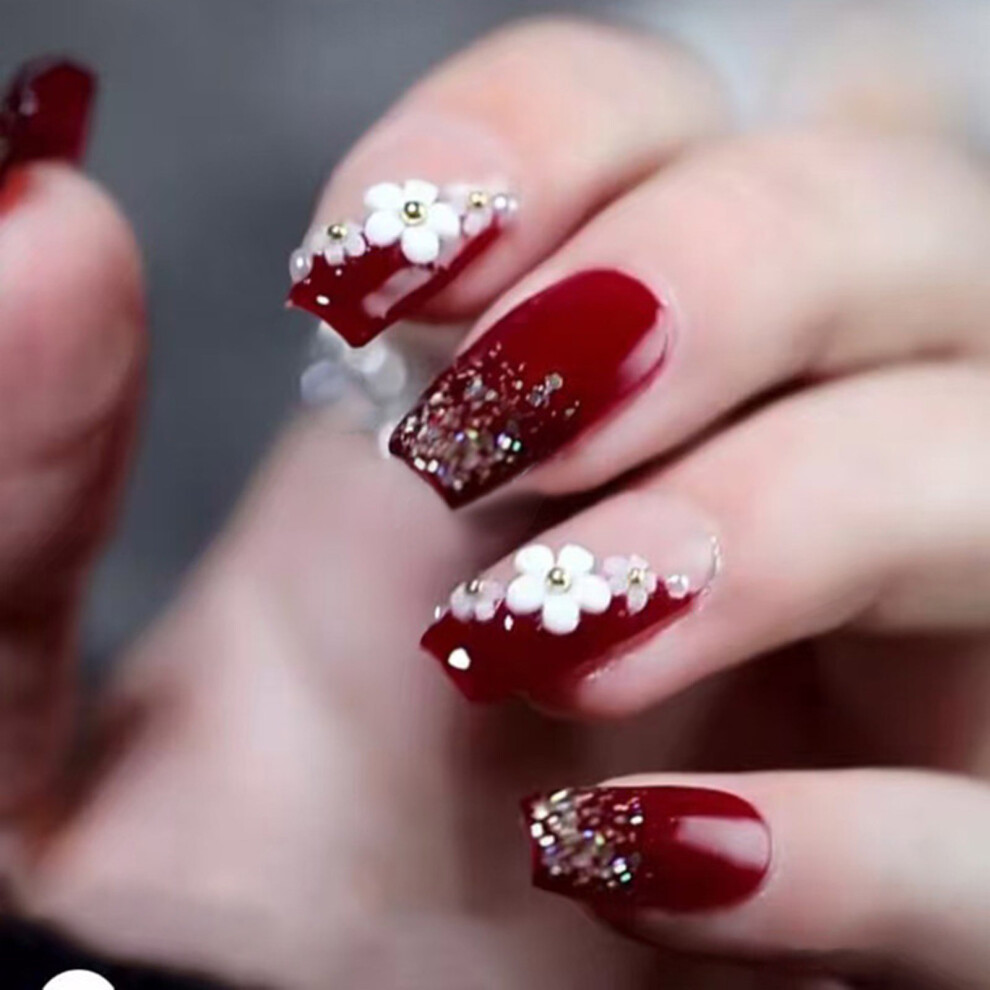 24 Pcs Glittering False Nail 3D Flowers Artificial Acrylic Nail