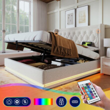 Kaksosvuode - MUVOE - 180x200 cm - Beige puuvillakangas - Hydraulinen säilytys - USB-portit