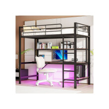 Cama litera infantil - MUVOE - Cama alta 90x200 cm - Metal y MDF - Iluminación LED - Toma de USB integradas