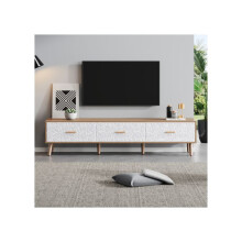 Meuble TV et table TV en bois - Salon Chambre à coucher, couleur bois clair,panneaux de porte blancs texturés vintage.150*35*39 cm