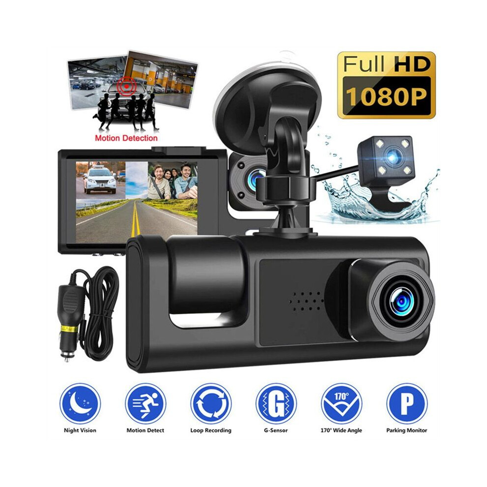 3 Camera Dash Cam 1080P 2 Inch Screen Dashcam Driver Recorder Black 4853702800623