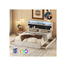 Cama doble - MUVOE - 140 x 200 cm - Beige - Con puerto USB - Iluminación LED regulable
