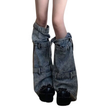 Women Washed Jeans Blue Leg Warmer Bandages Tie Asymmetrical