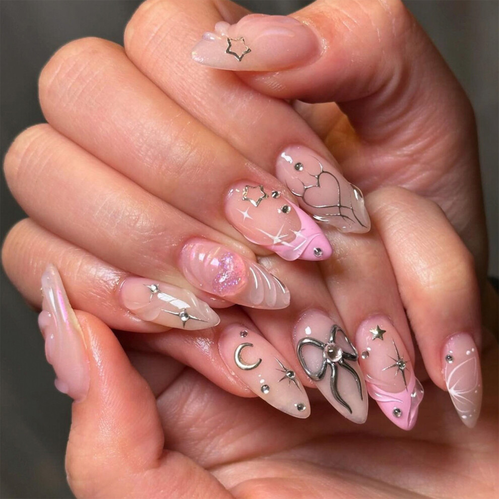 24 Pcs Almond Shape Artificial Nail 3D Bows Stick on Nail