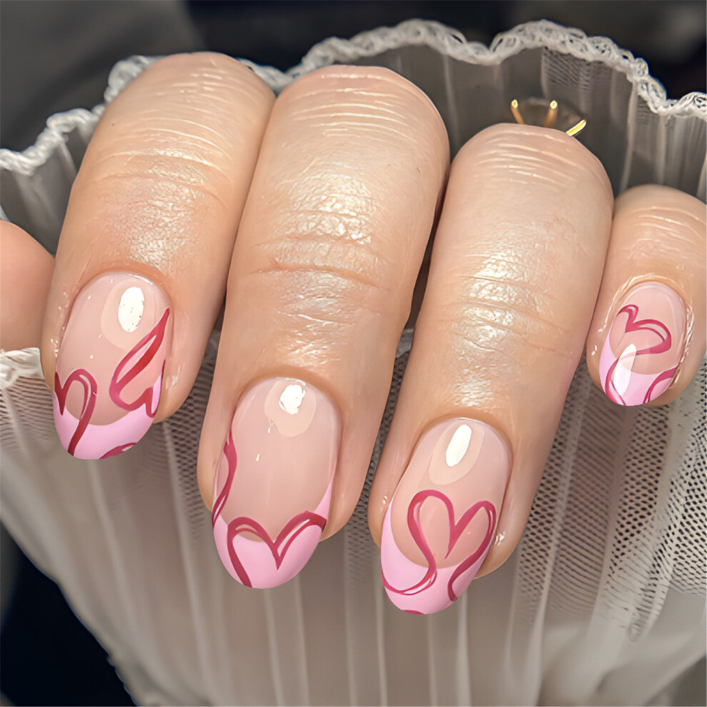 24x Short Almond False Nail Valentines Day Press On Nail Heart