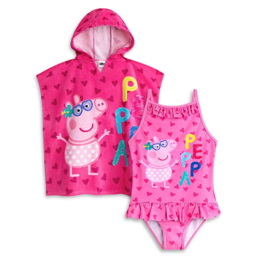 (6-7 Years) Peppa Pig Girls Swimsuit & One Size Hooded Towel Poncho | Kids Pink Character Towelling Robe | Peppa Pig TV Show Gift For Children-image-OPC-P7CPJZH-NEW