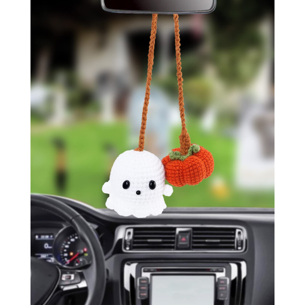 Halloween Car Hanging Ornament Crochet Pumpkin And Ghost Pendant For Rear View Mirror Decoration Accessories Orange 6038364270627