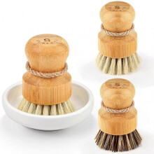 Bamboo Dish Scrub Brushes 3-Pack | Wooden Cleaners for Cast Iron Pans & Pots