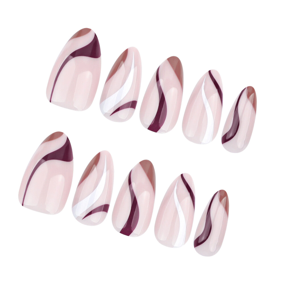 Almond Press on Nail Striped Design French Tip Fake Nail Glues