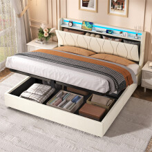 (Beige, LED Headboard with Charging Station) King Upholstered Bed Frame with Hydraulic Storage