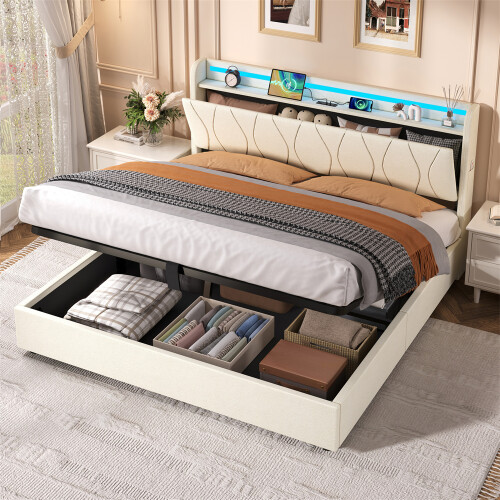 (Beige, LED Headboard with Charging Station) King Upholstered Bed Frame with Hydraulic Storage