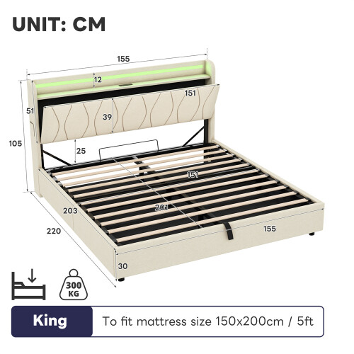 (Beige, LED Headboard with Charging Station) King Upholstered Bed Frame with Hydraulic Storage 2