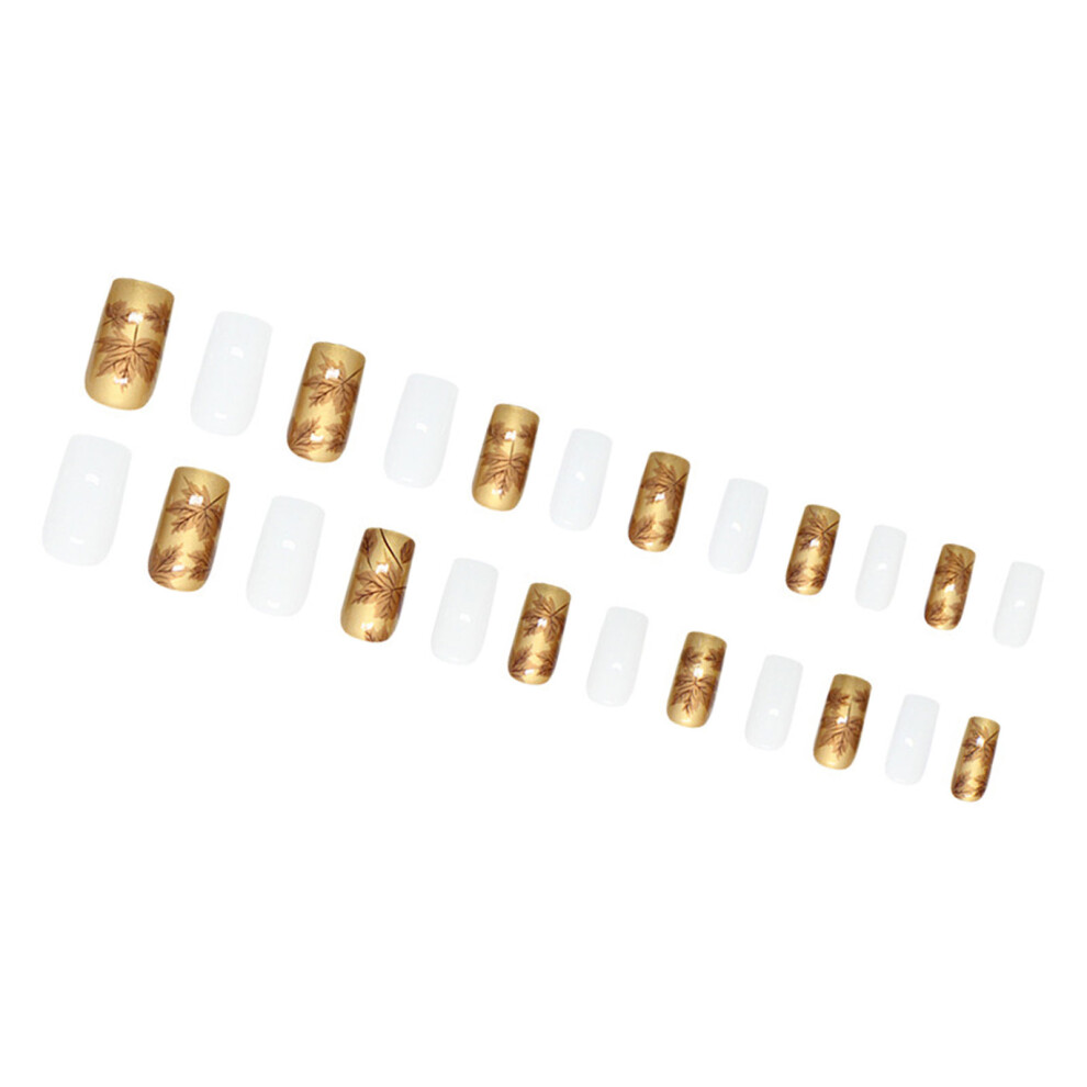 White,Gold Medium Square False Nail 24Pcs Gold And White Glossy Maple