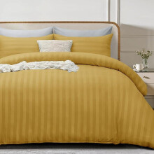 (Ochre, Double) 4 piece Duvet Cover Set-Luxury Hotel-Style Soft Microfiber Bedding with Duvet cover, Fitted Sheet & Pillowcases- Satin Stripe comfort