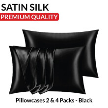 (Black Satin Silk Pillowcases, Pillowcase 2 Pack (50 x 75 CM)) Satin Silk Black & Gold Duvet Cover Set with Pillow Cases, Ultrasoft Bedding Sets All Sizes Available, Premium Satin Silk Duvet Covers