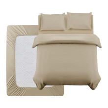 (Beige, King) 4 Piece Complete Bedding Set Reversible Dyed Duvet Cover with 2 Pillowcases and 1 Fitted Sheet Soft and Cooling Duvet Cover Cool Bedding Com