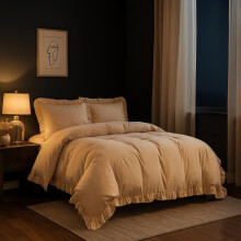 (Beige, King) 4-Piece Ruffle Bedding Set with Fitted Sheet – Soft Microfibre Duvet Cover & Pillowcases – Elegant Frilled Design, Wrinkle-Resistant &