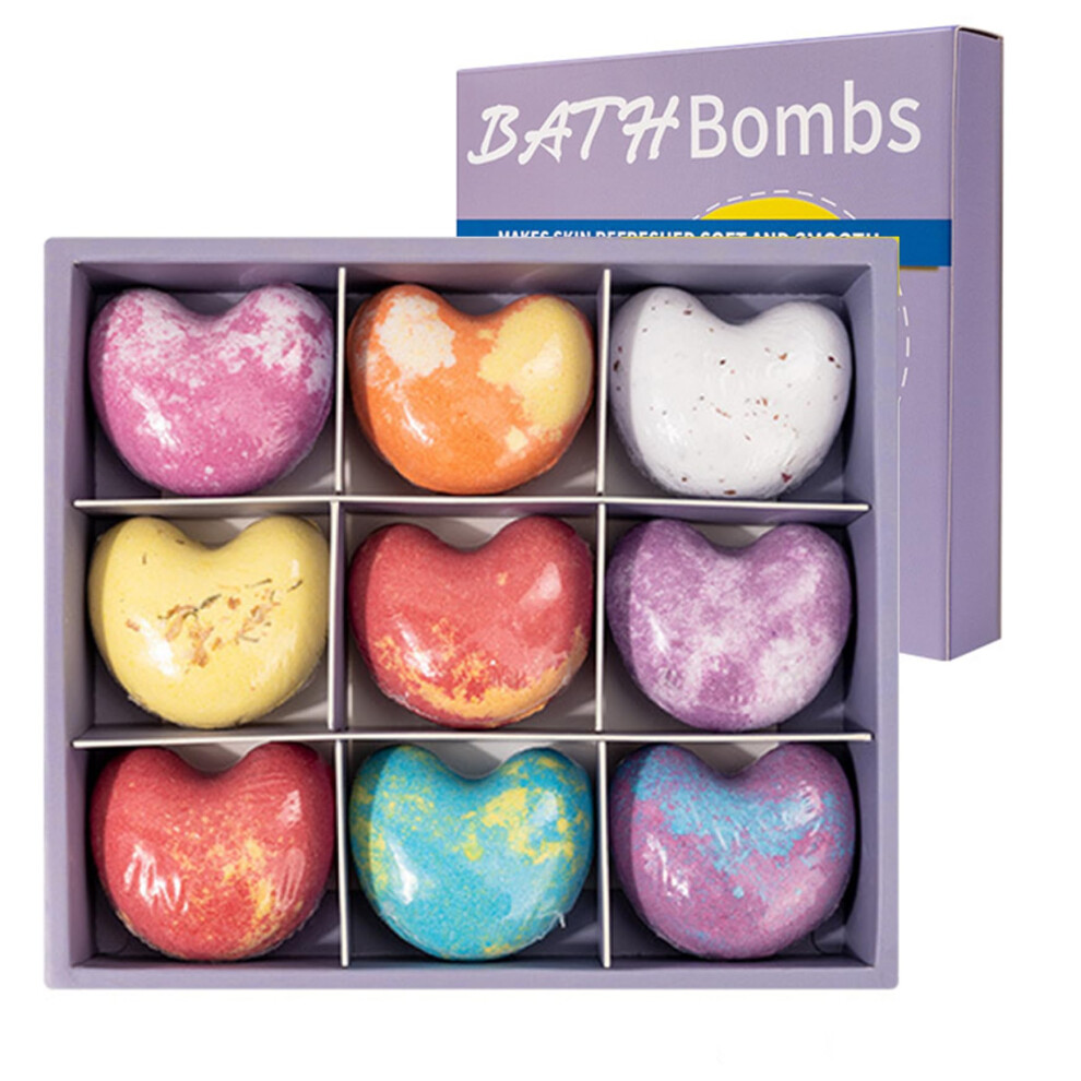 Bath Bombs Gift Set 9 Pcs Heart Shaped with Essential Oil Natural Bubble Bath Kit for Women and Girls Skin Moisturizing