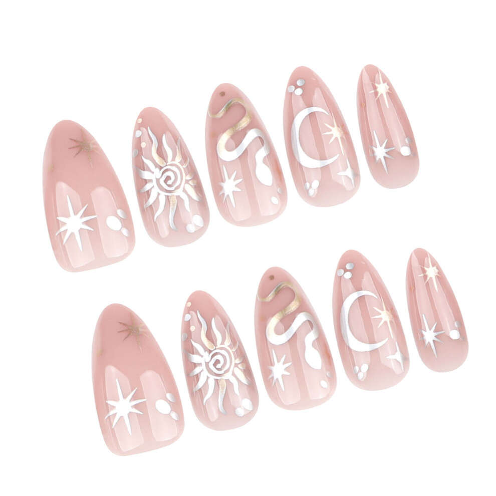 Short Almond Press on Nail,24Pcs Glossy Star Moon Fake Nail in