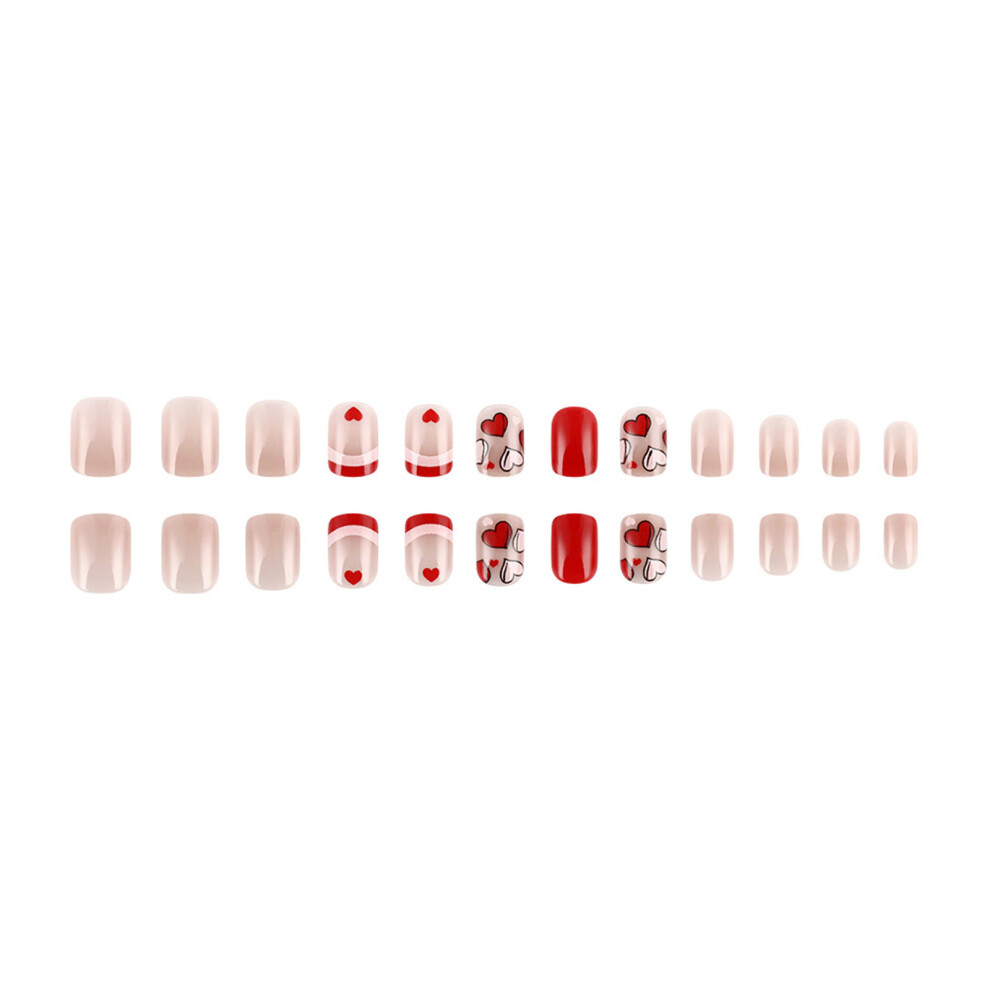 Press on Nail Pink Heart Designs Short Square False Nail For