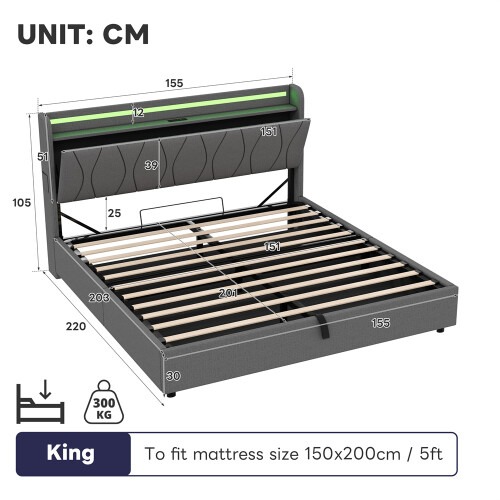 (Grey, LED Headboard with Charging Station) King Upholstered Bed Frame with Hydraulic Storage 2